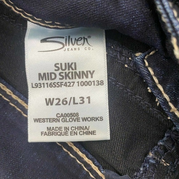 Silver Suki Mid Rise Skinny Jeans Medium Wash Thick Stitch Blue Denim Sz 26x31 - Picture 6 of 11